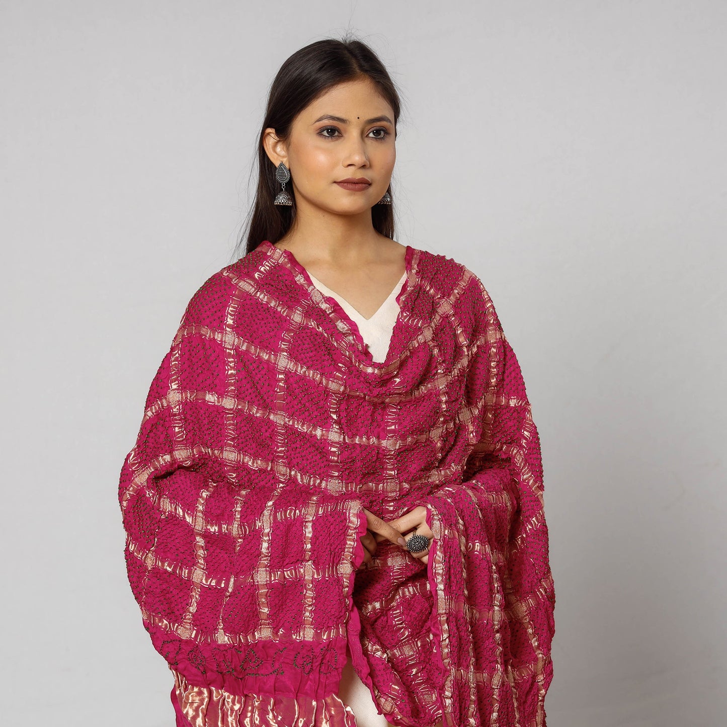 Buy Kutch Bandhani Tie-Dye Zari Checks Modal Silk Dupatta l iTokri.com