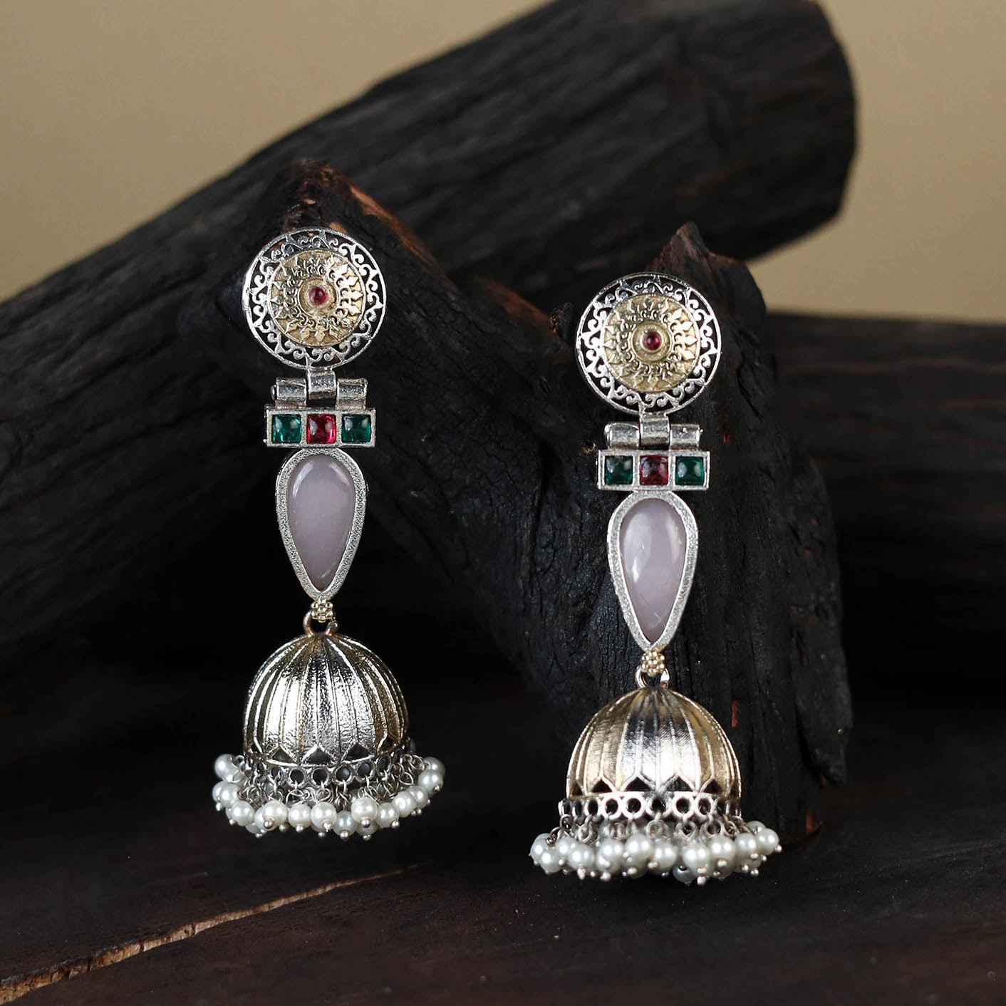 White Noor-e-Jhumka Classic German Silver Earrings