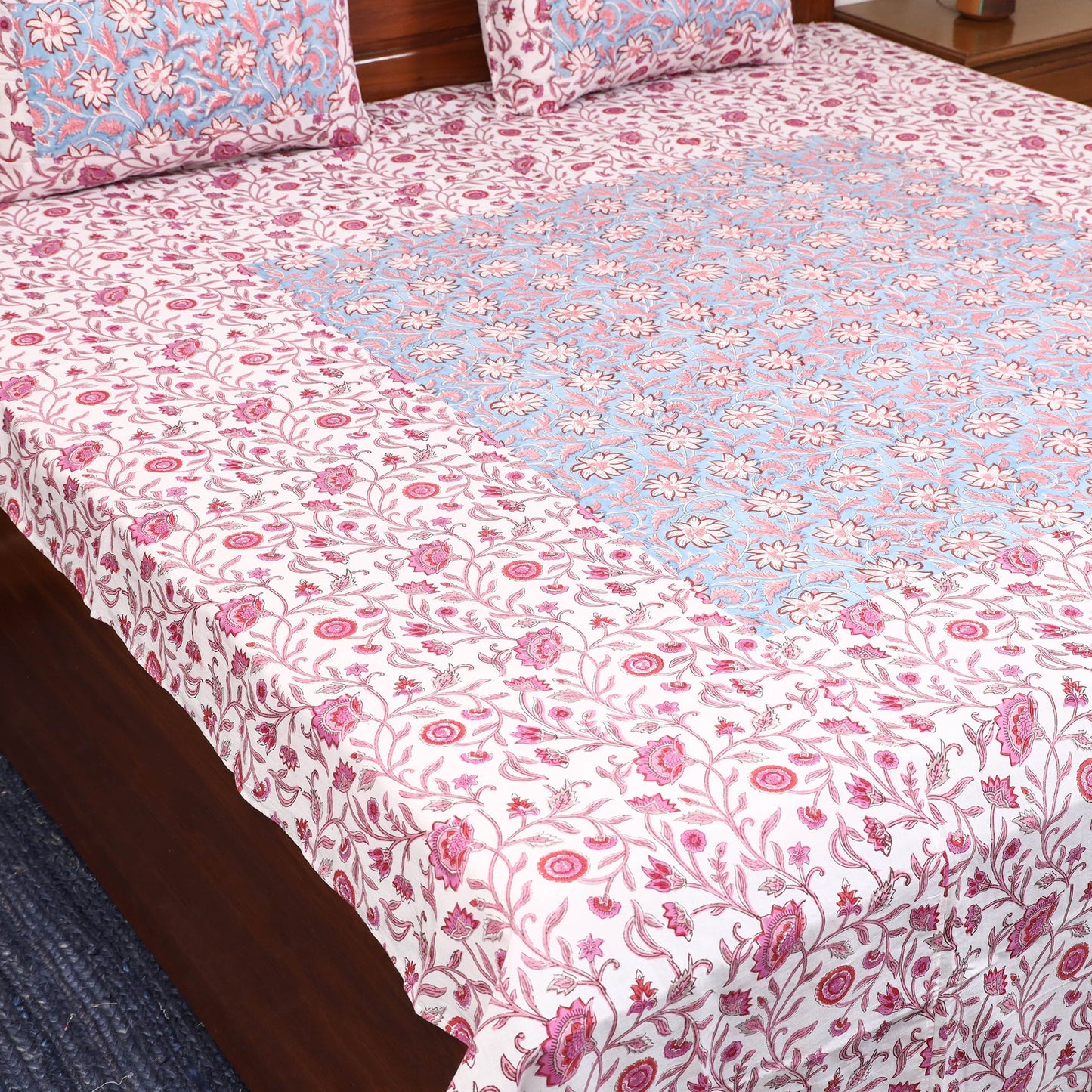 Patchwork hand double sanganeri bedsheet set (108 x 90 in)