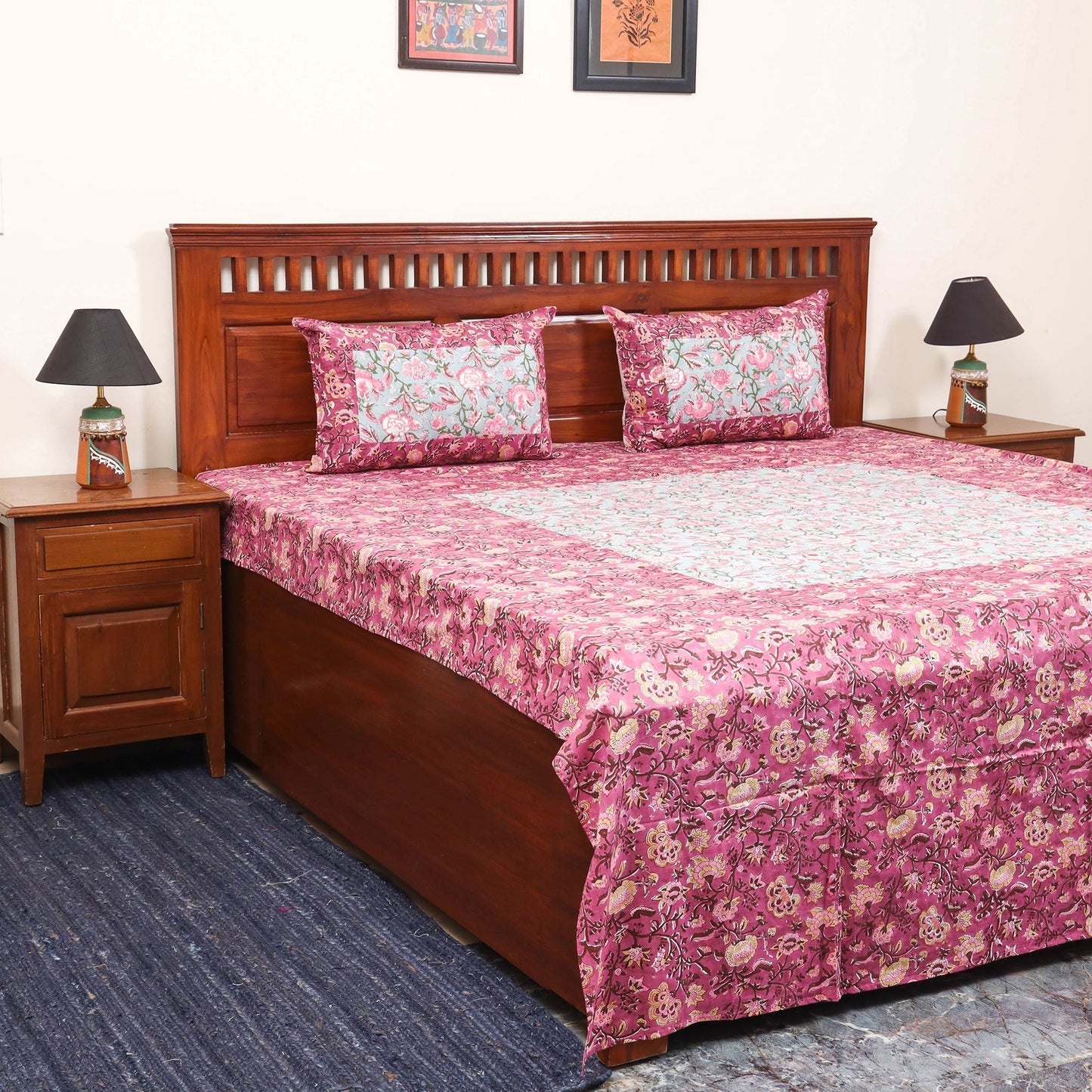 Patchwork hand double sanganeri bedsheet set (108 x 90 in)