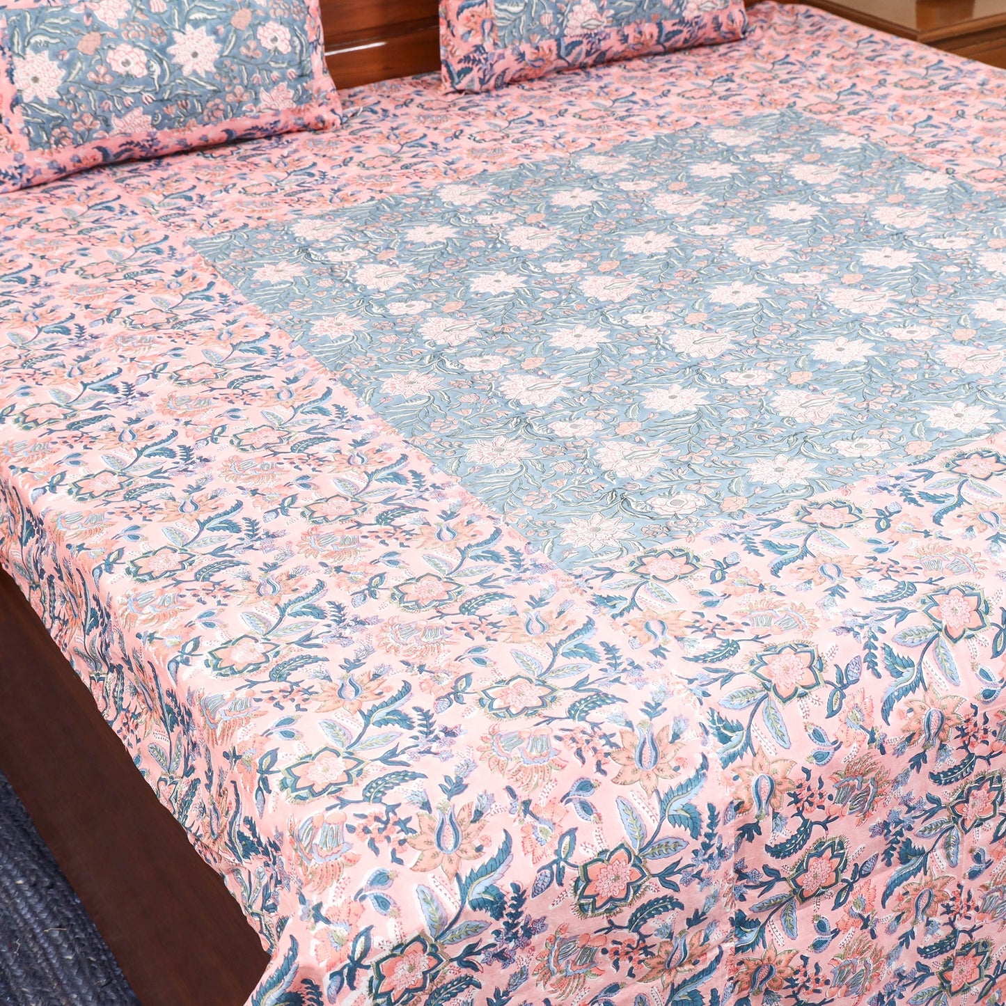 Patchwork hand double sanganeri bedsheet set (108 x 90 in)