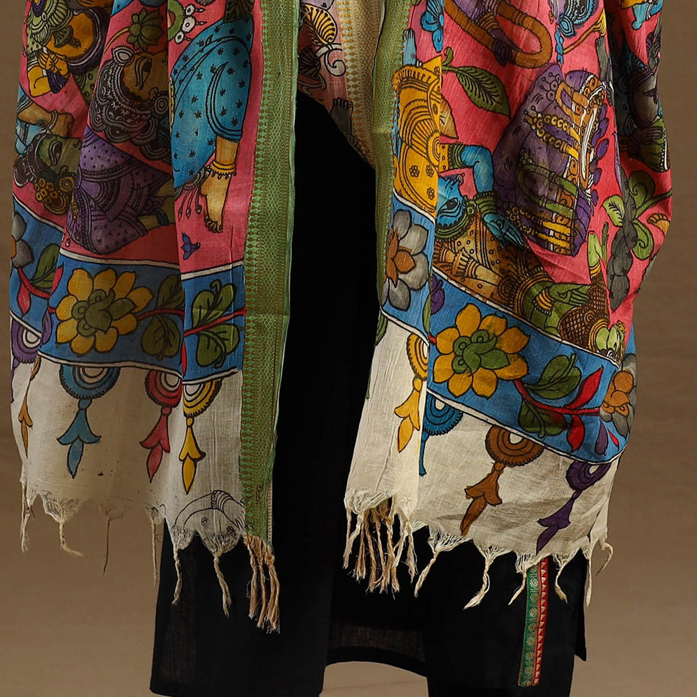 Pen Work Chanderi Silk Handpainted Kalamkari Dupatta