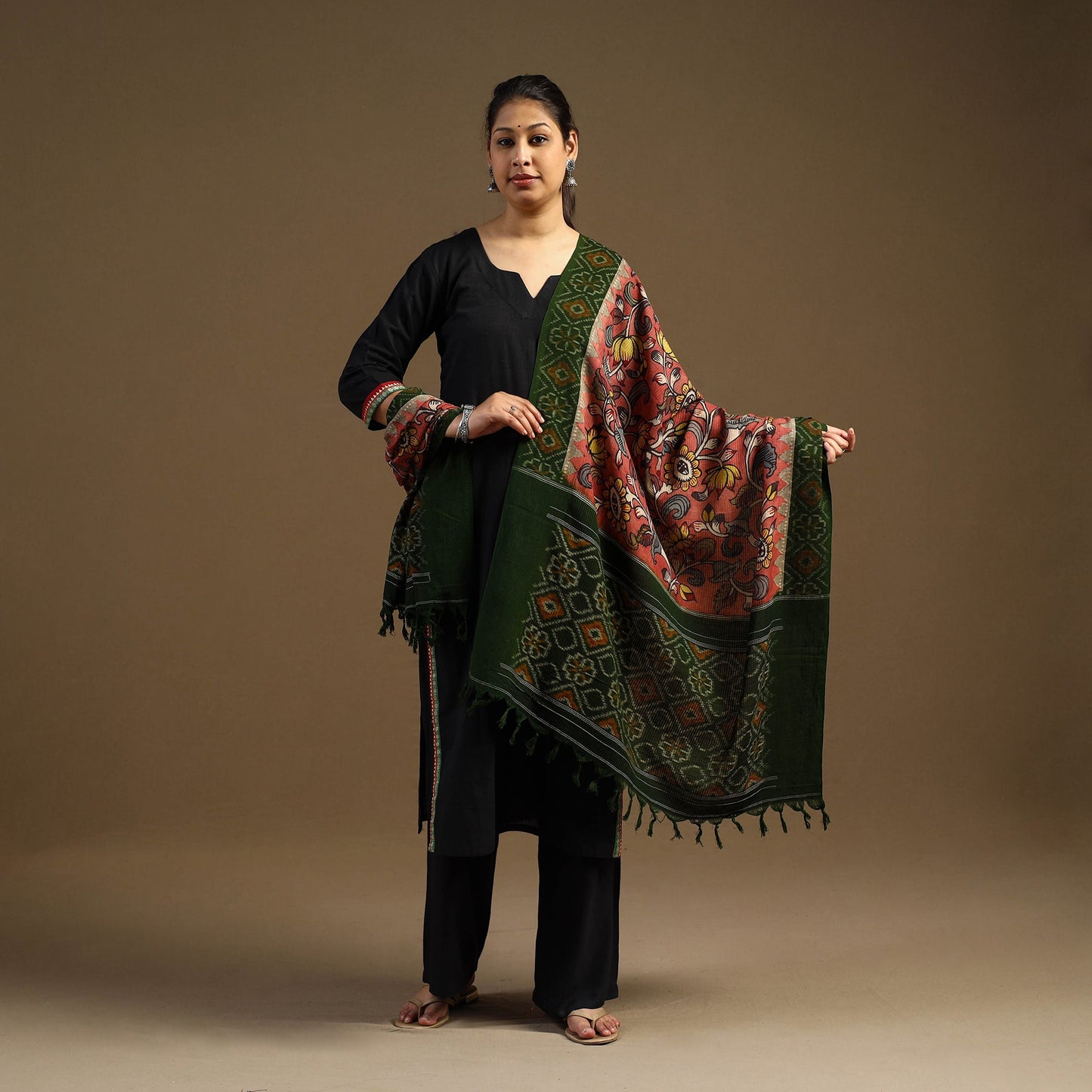 Pink Pen Work Cotton Ikat Border Handpainted Kalamkari Dupatta