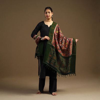 Pink Pen Work Cotton Ikat Border Handpainted Kalamkari Dupatta