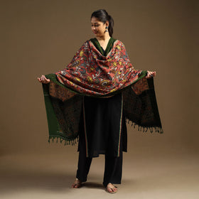 Pink Pen Work Cotton Ikat Border Handpainted Kalamkari Dupatta