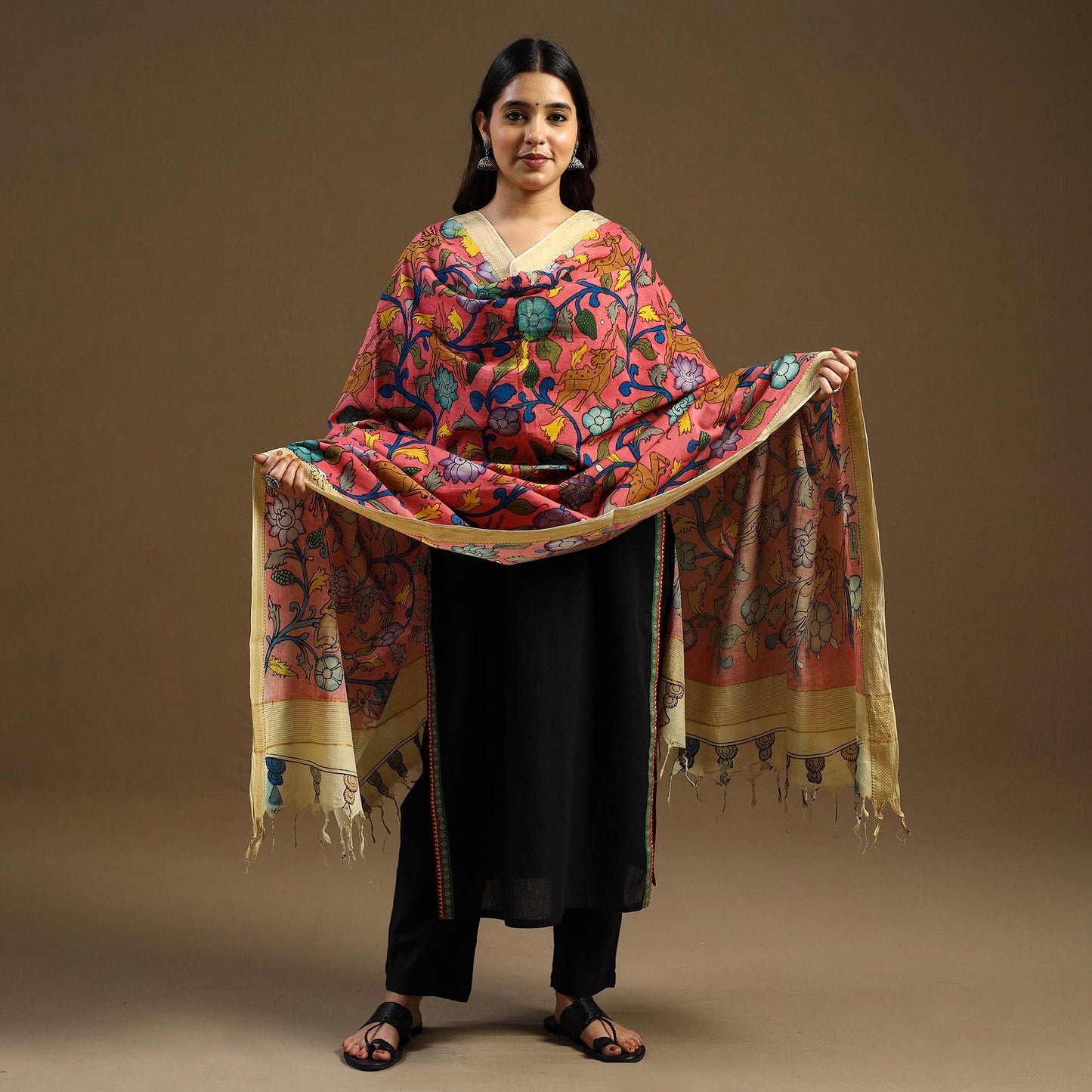 Pen Work Mangalagiri Cotton Handpainted Kalamkari Dupatta