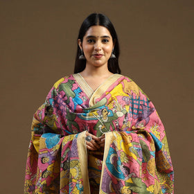 Pink Pen Work Mangalagiri Cotton Handpainted Kalamkari Dupatta