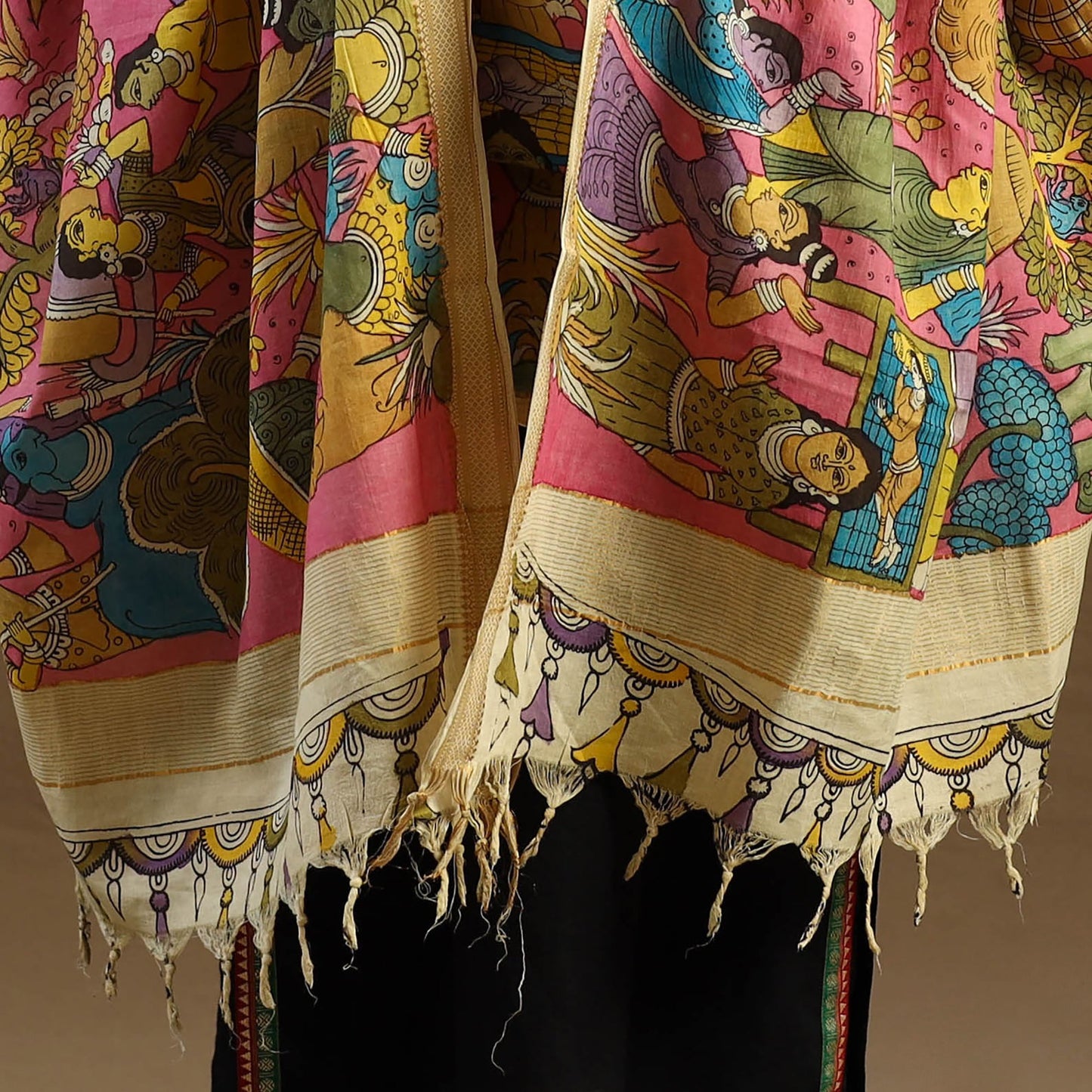 Pink Pen Work Mangalagiri Cotton Handpainted Kalamkari Dupatta