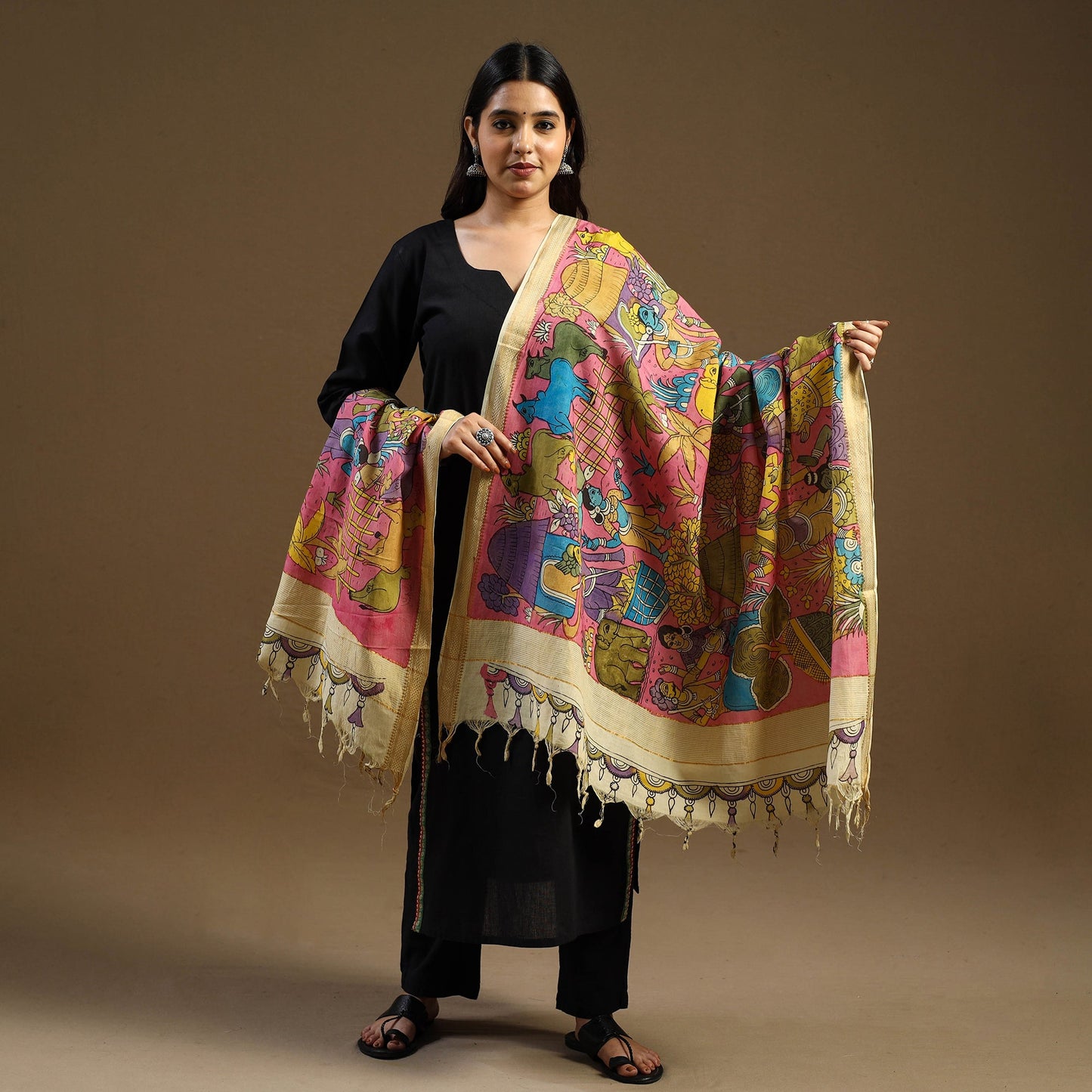 Pink Pen Work Mangalagiri Cotton Handpainted Kalamkari Dupatta