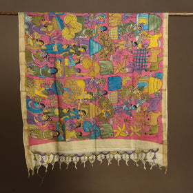 Pink Pen Work Mangalagiri Cotton Handpainted Kalamkari Dupatta