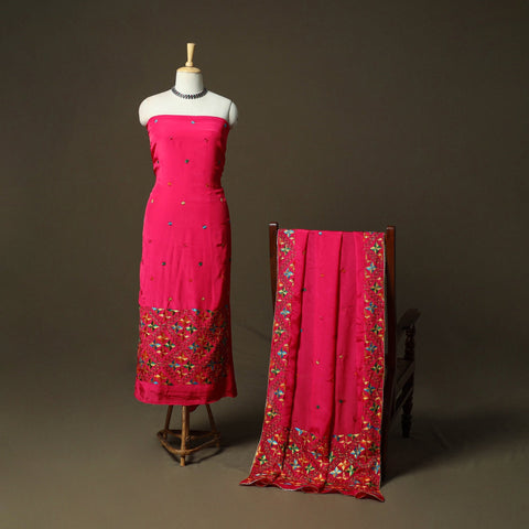 Phulkari hand embroidered crepe silk 3pc unstitched dress