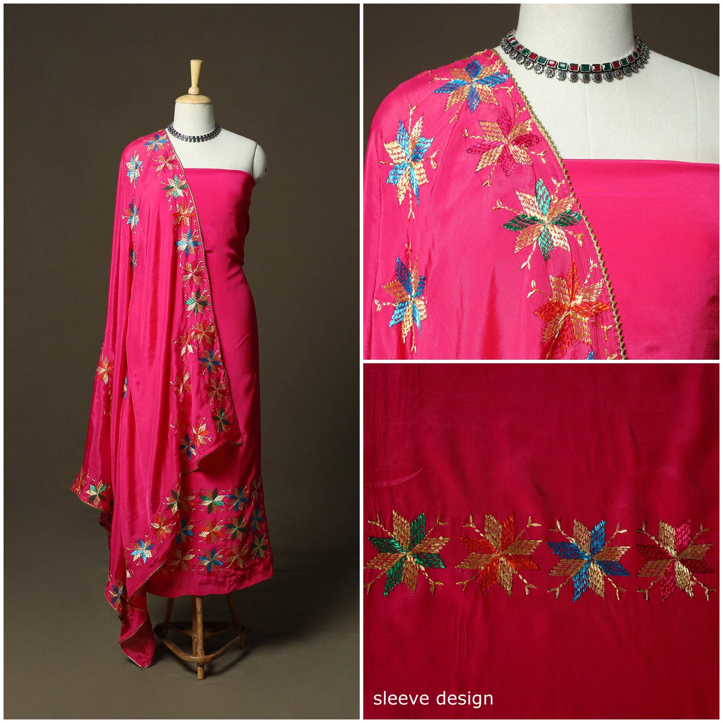 Phulkari hand embroidered crepe silk 3pc unstitched dress