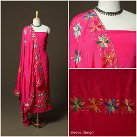 Phulkari hand embroidered crepe silk 3pc unstitched dress