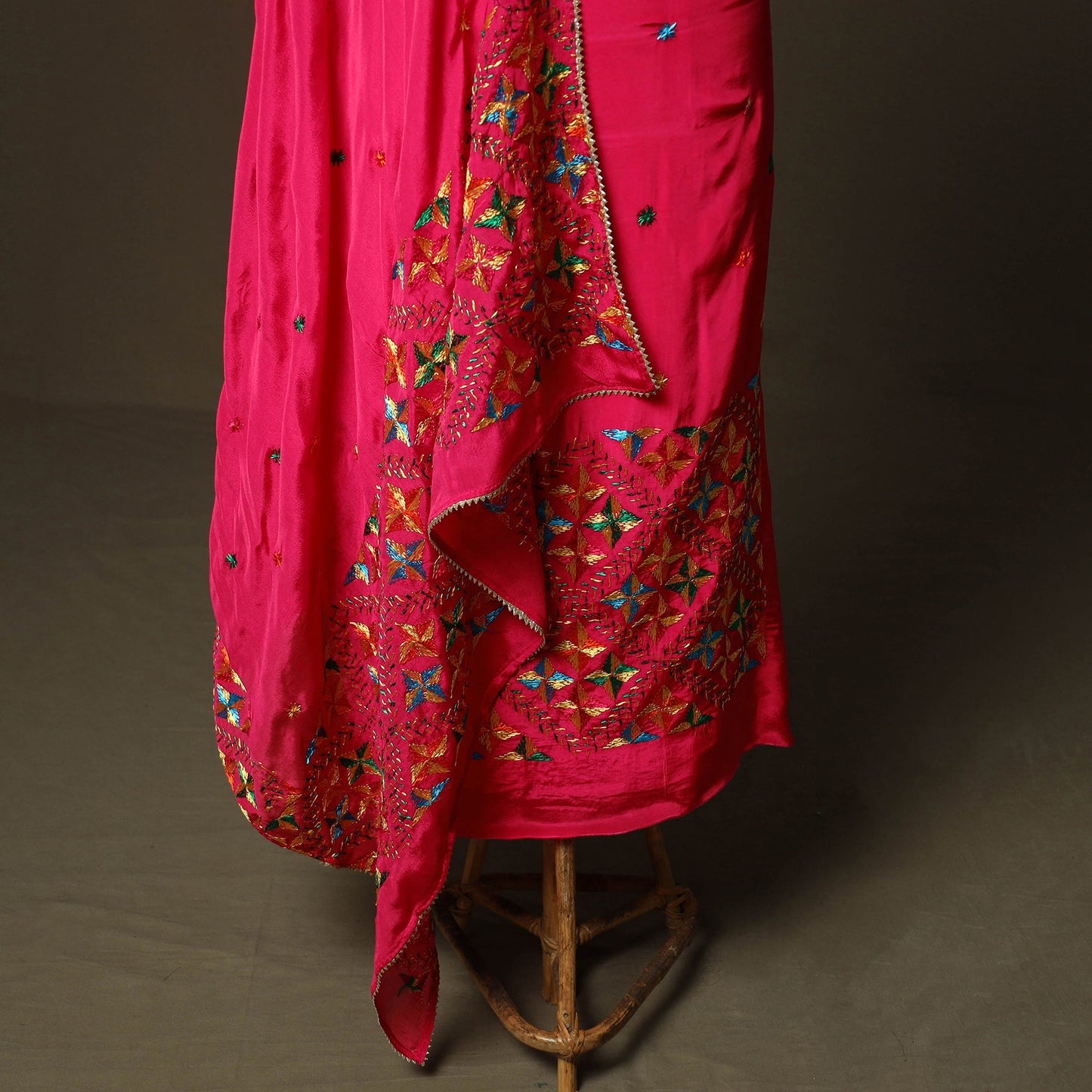Phulkari hand embroidered crepe silk 3pc unstitched dress