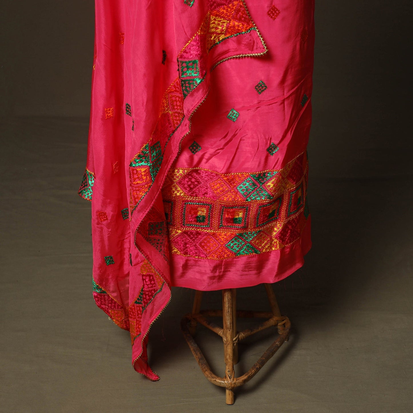 Phulkari hand embroidered crepe silk 3pc unstitched dress