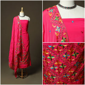Phulkari hand embroidered crepe silk 3pc unstitched dress