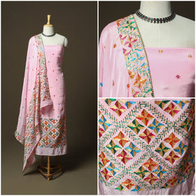 Phulkari hand embroidered crepe silk 3pc unstitched dress