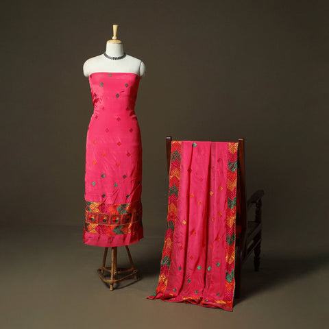 Phulkari hand embroidered crepe silk 3pc unstitched dress