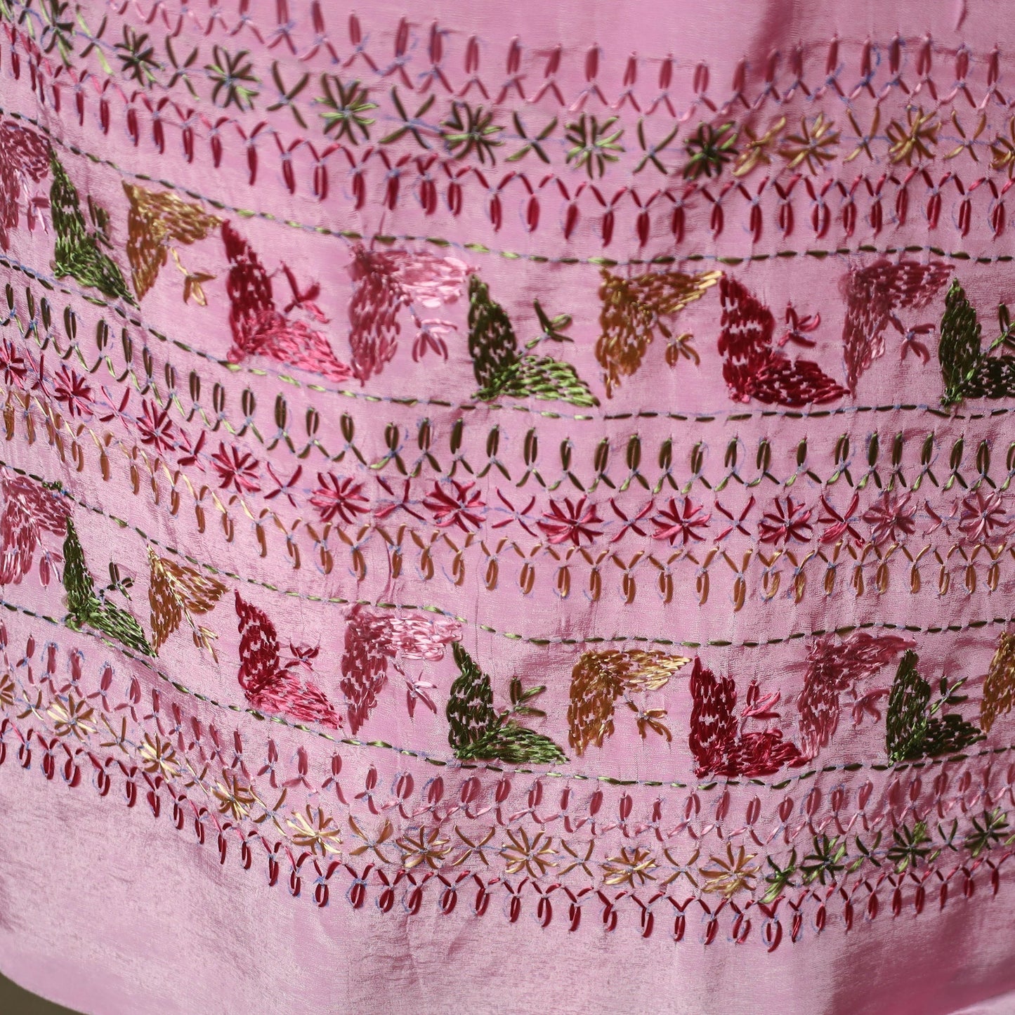 Phulkari hand embroidered crepe silk 3pc unstitched dress