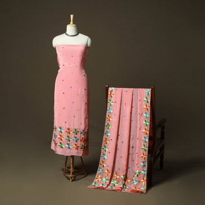 Phulkari hand embroidered crepe silk 3pc unstitched dress