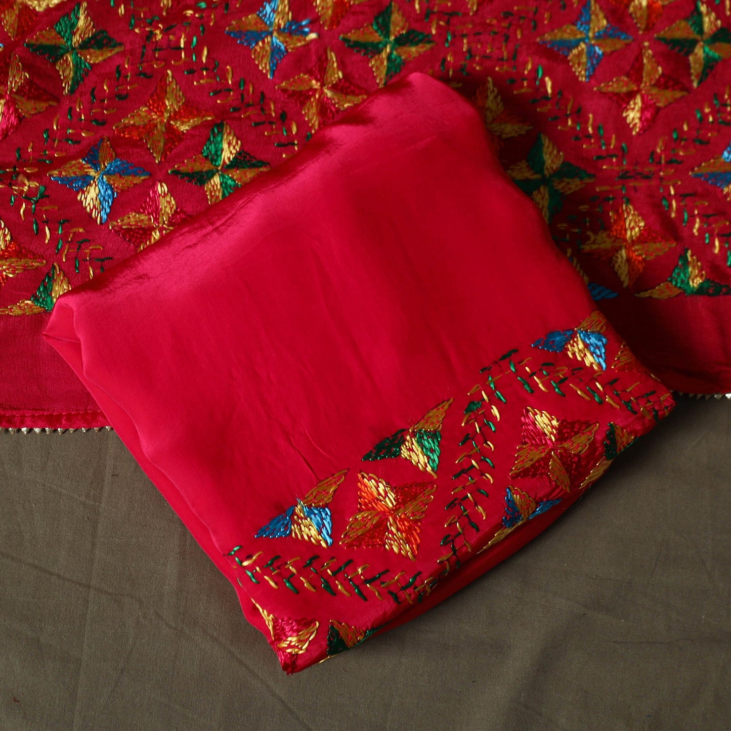 Phulkari hand embroidered crepe silk 3pc unstitched dress