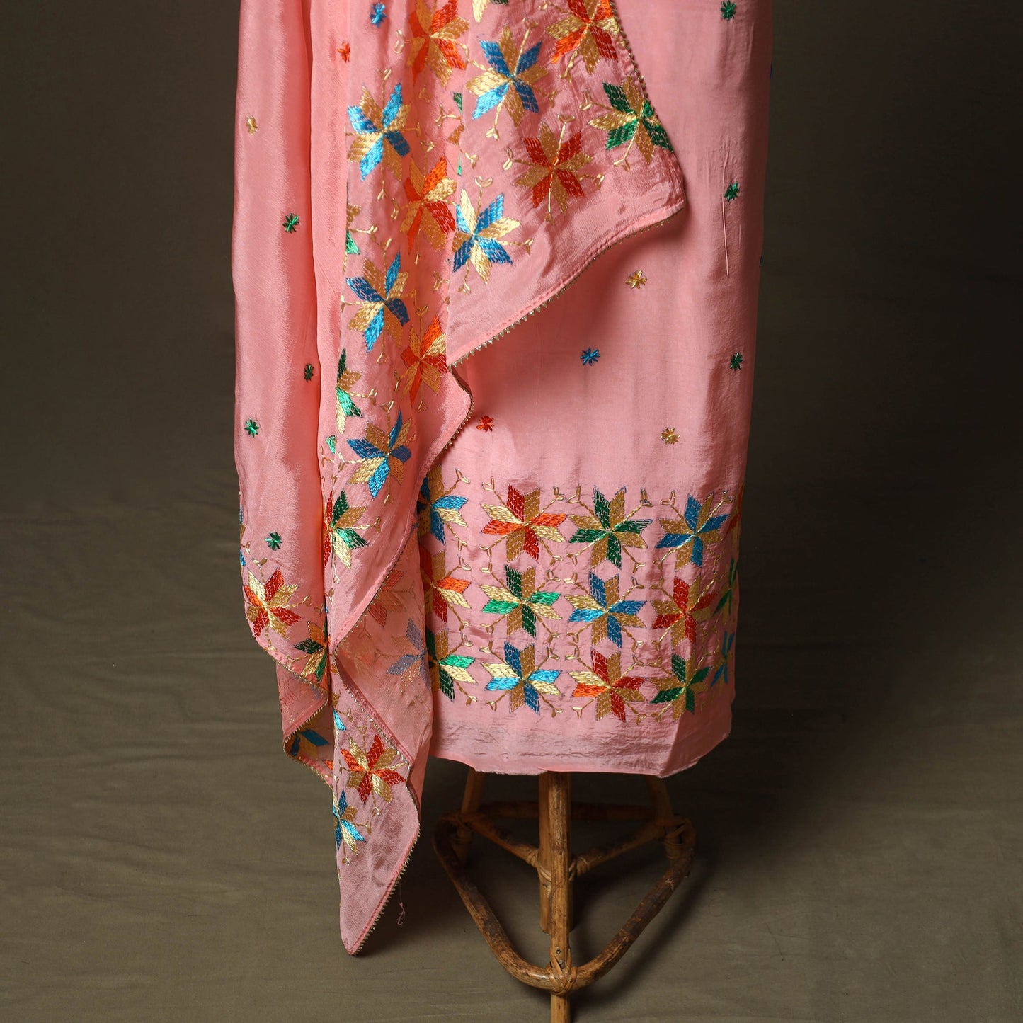 Phulkari hand embroidered crepe silk 3pc unstitched dress