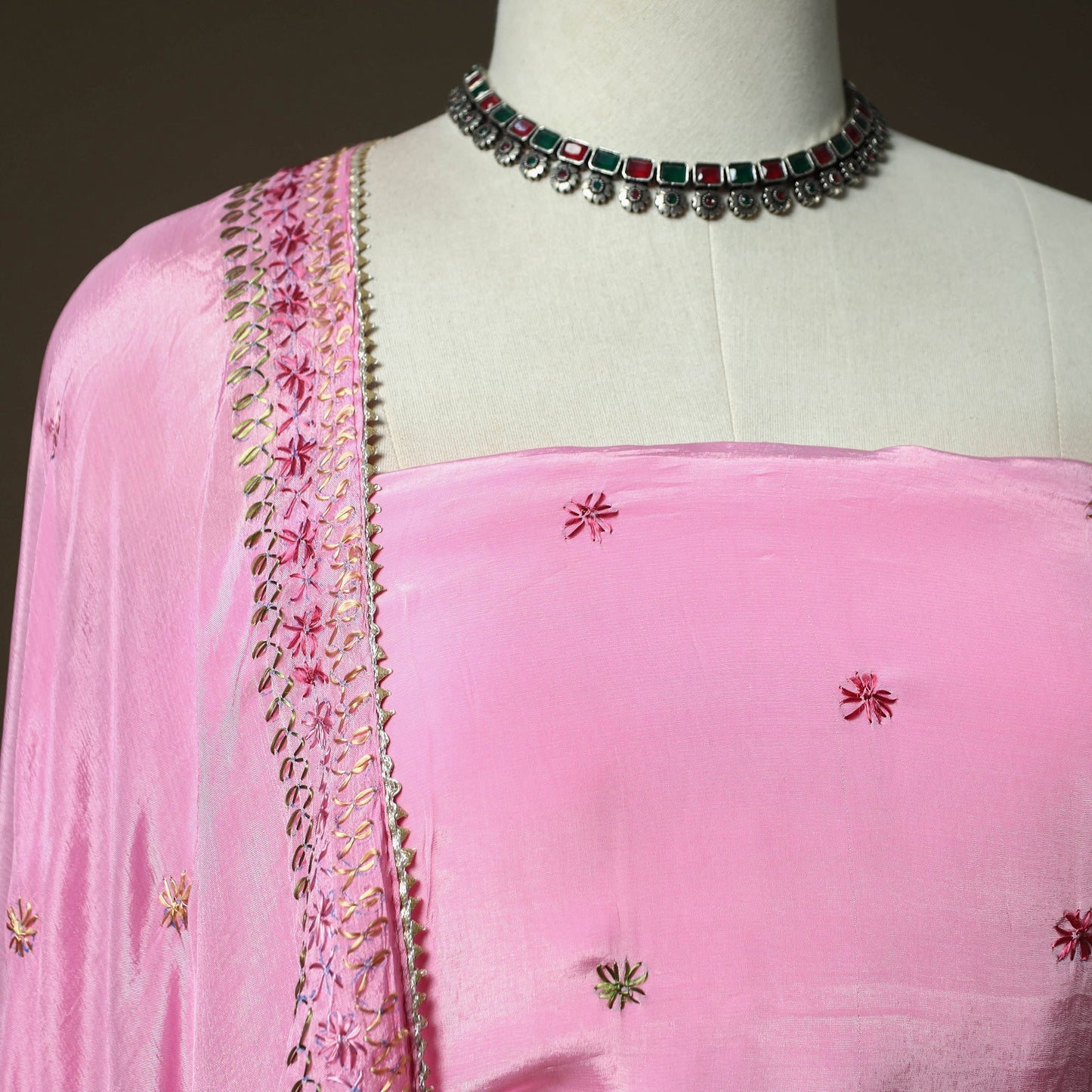 Phulkari hand embroidered crepe silk 3pc unstitched dress