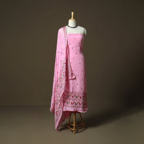Phulkari hand embroidered crepe silk 3pc unstitched dress