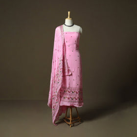 Phulkari hand embroidered crepe silk 3pc unstitched dress