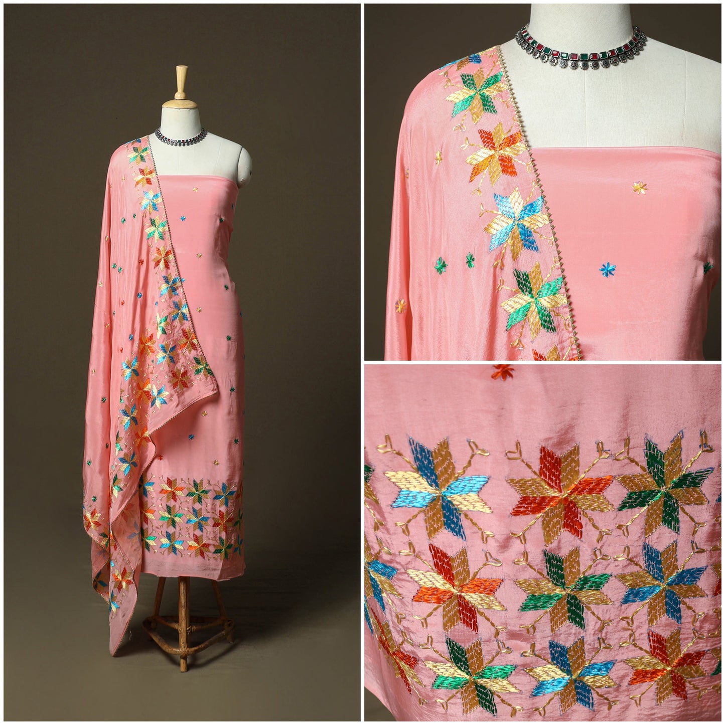 Phulkari hand embroidered crepe silk 3pc unstitched dress