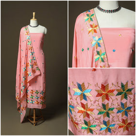 Phulkari hand embroidered crepe silk 3pc unstitched dress