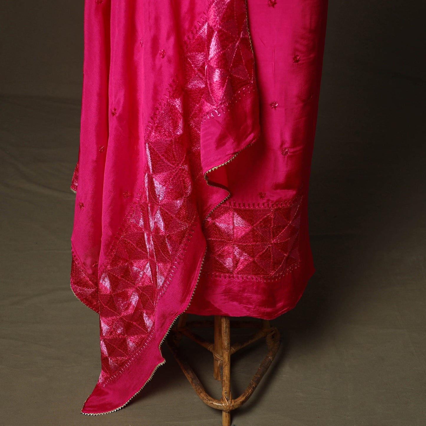Phulkari hand embroidered crepe silk 3pc unstitched dress