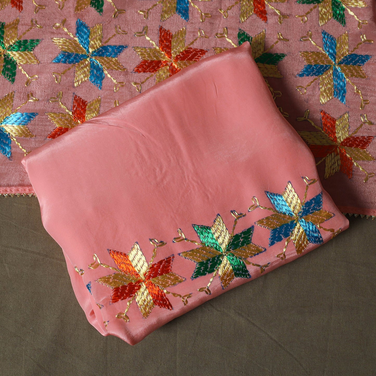 Phulkari hand embroidered crepe silk 3pc unstitched dress