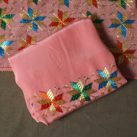 Phulkari hand embroidered crepe silk 3pc unstitched dress