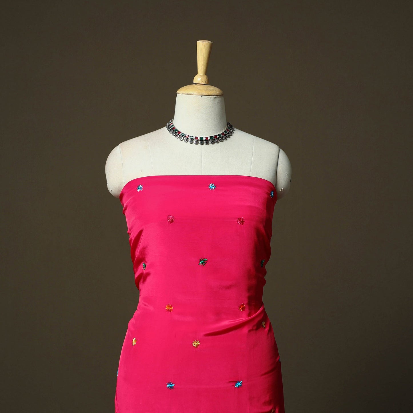 Phulkari hand embroidered crepe silk 3pc unstitched dress