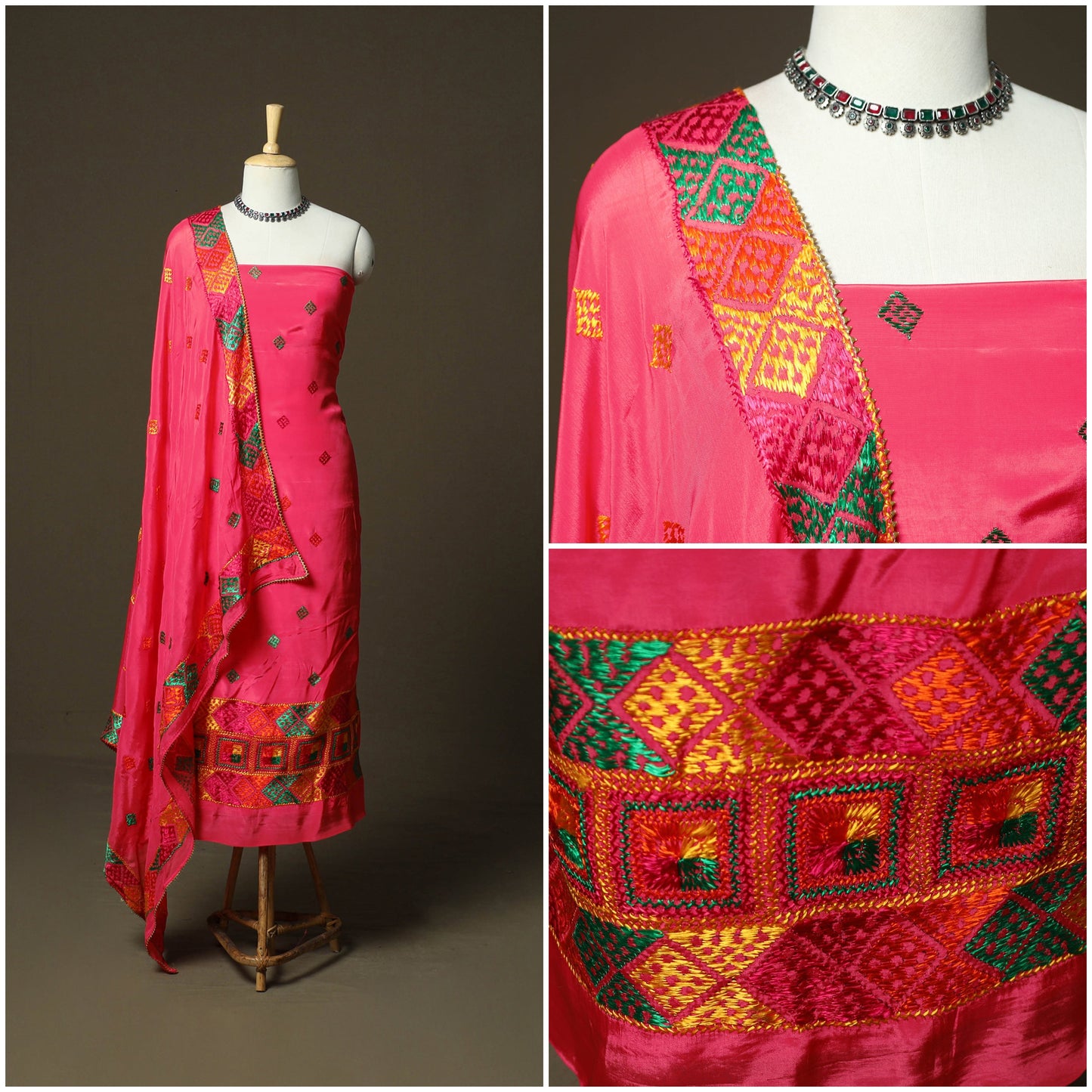 Phulkari hand embroidered crepe silk 3pc unstitched dress