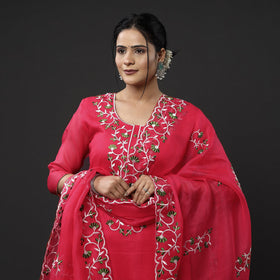  Kota Doria Embroidery Silk Kurta with Palazzo & Dupatta Set 