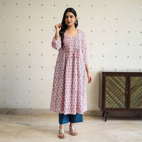  Pink Pintuck Flared Cotton Block Print Sanganeri Kurta