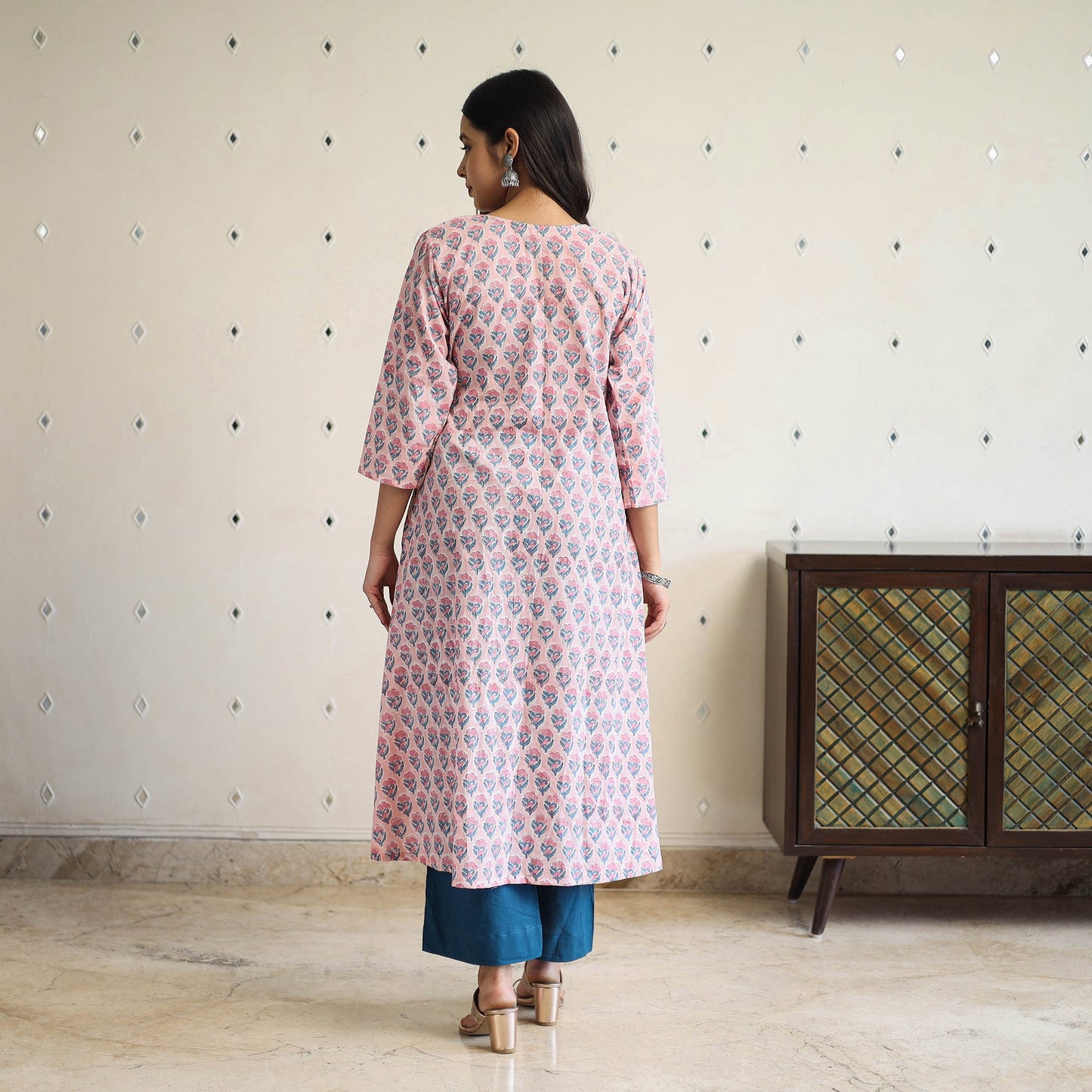  Pink Pintuck Flared Cotton Block Print Sanganeri Kurta