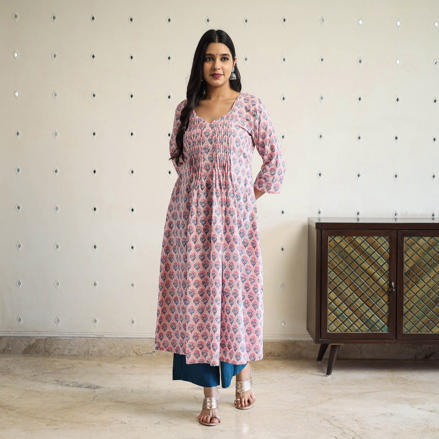  Pink Pintuck Flared Cotton Block Print Sanganeri Kurta