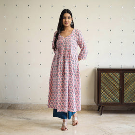  Pink Pintuck Flared Cotton Block Print Sanganeri Kurta