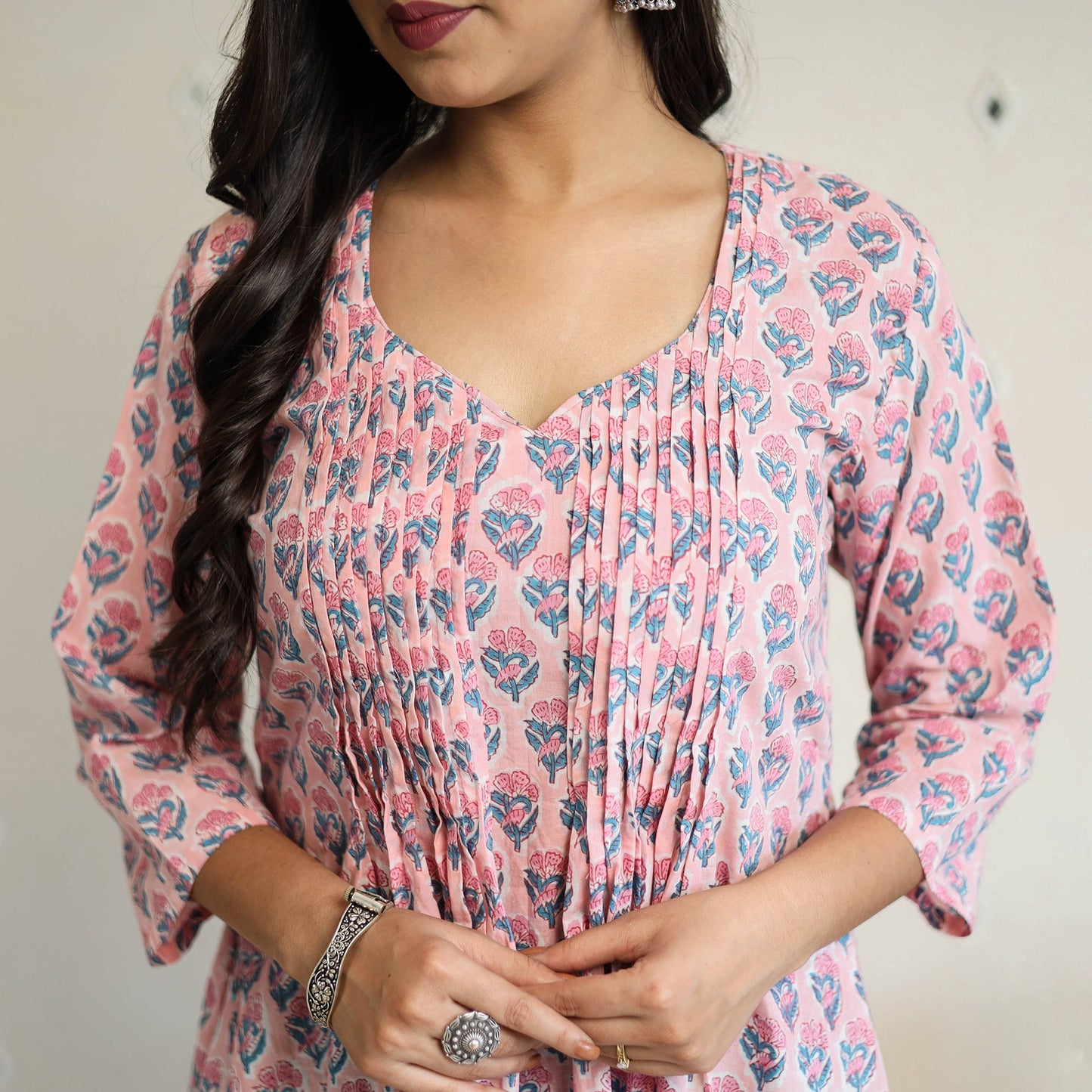  Pink Pintuck Flared Cotton Block Print Sanganeri Kurta