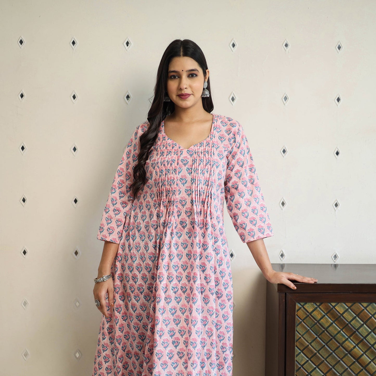  Pink Pintuck Flared Cotton Block Print Sanganeri Kurta