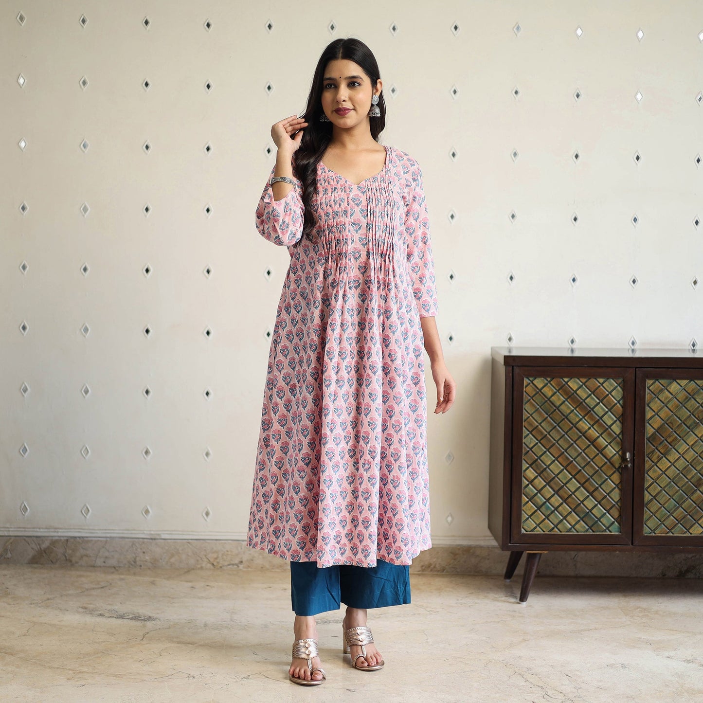  Pink Pintuck Flared Cotton Block Print Sanganeri Kurta