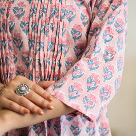  Pink Pintuck Flared Cotton Block Print Sanganeri Kurta