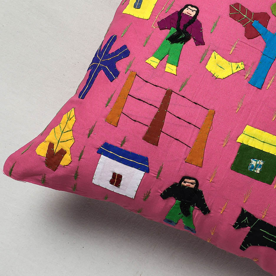 Pink Pipli Applique Work Cotton Cushion Cover