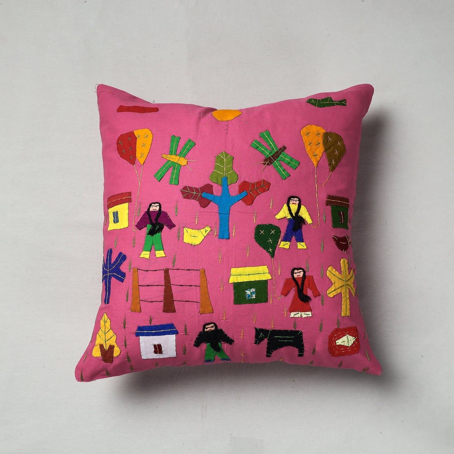 Pink Pipli Applique Work Cotton Cushion Cover