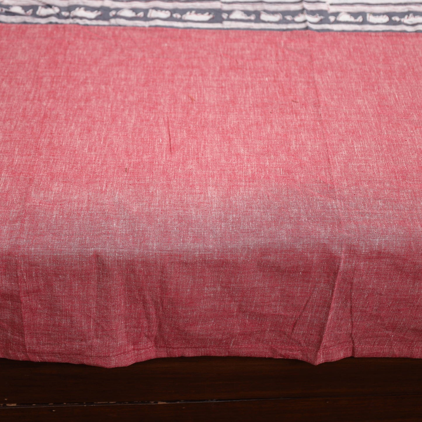 Pink - Plain Cotton Double Bed Cover with Block Print Patchwork (94 x 89 In)