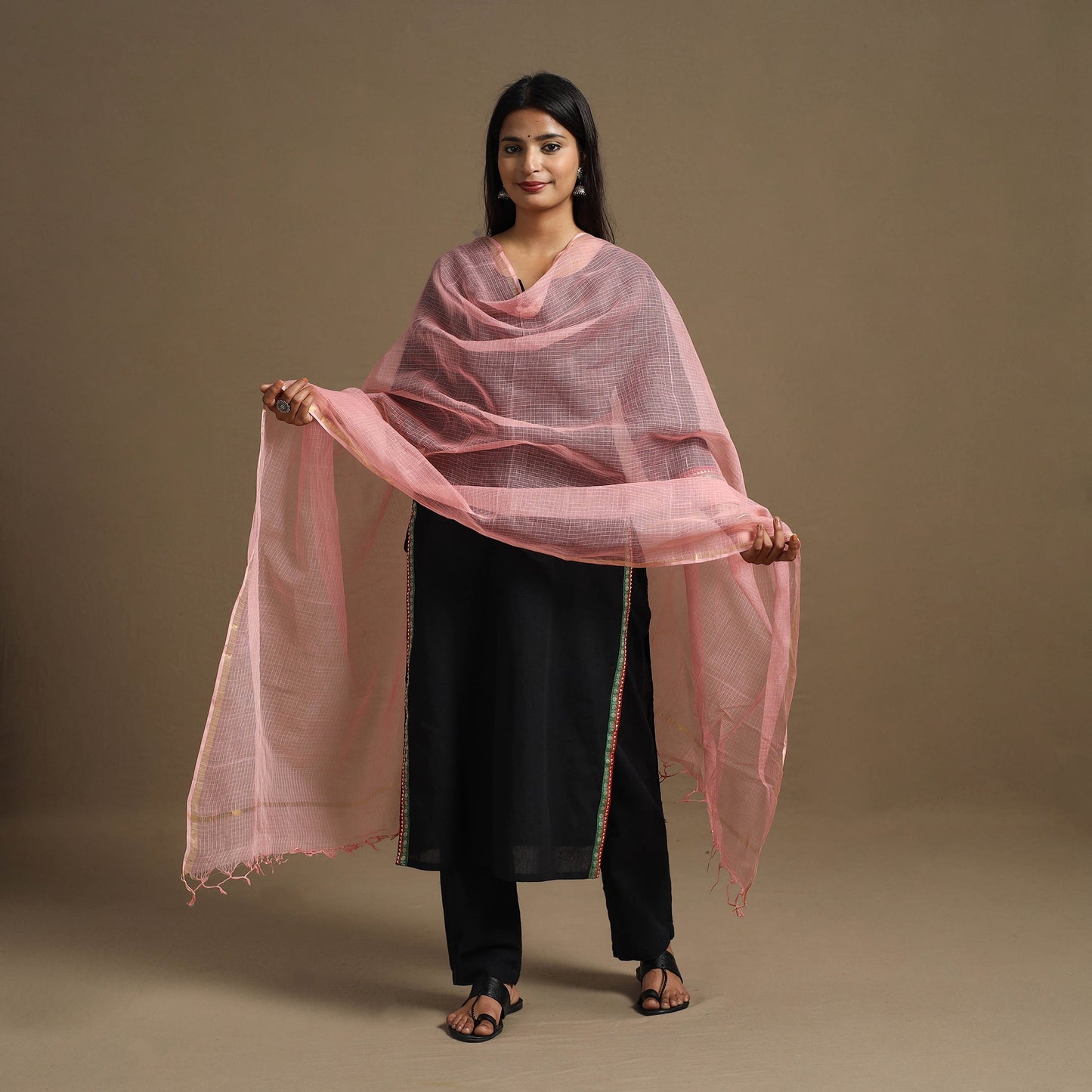  Pink Plain Cotton Kota Doria Dupatta