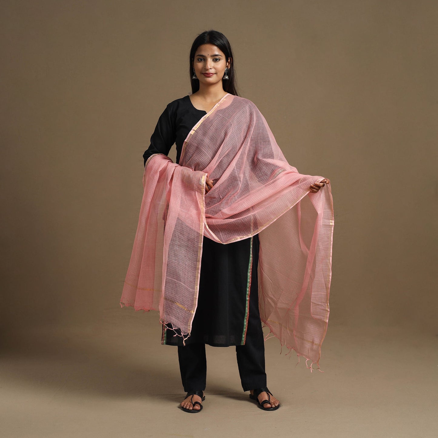  Pink Plain Cotton Kota Doria Dupatta